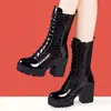 Botas de Moda de Charol con Tacón Alto para Mujer con Cordones 2026 Otoño Cremallera Lateral Botines Plataforma Tacón Grueso Invierno Botas de Media Caña Más Terciopelo
