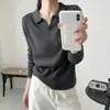 Suéter feminino de lã fina com lapela e botões, macio para primavera e outono, simples, delicado, liso e elegante, top de tricô para o trabalho