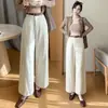 Calça casual de seda e algodão para outono, cintura alta, design emagrecedor, cintura alta, solta, perna larga, reta, comprimento nove pontos, para mulheres