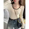 Camisa básica de tricô cinza francês com gola quadrada feminina outono/inverno top de design nicho de alta qualidade slim fit