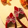 Vestido Xiuhe Vermelho com Strass de Laço para Noiva Engajamento Gaze Brinde Estilo Chinês Francês Sapatos Baixos Confortáveis para os Pés Sola Baixa Noiva Grávida