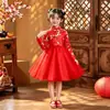 Vestido cheongsam estilo chinês de princesa para crianças, vestido de Ano Novo de malha de manga comprida para meninas, vestido de apresentação de palco para meninas
