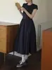 Vestido Curto de Manga Curta com Gola Redonda Renda Auricularia na Cintura Estilo Retrô Girly Corte A Azul Marinho Inglês