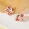 Brincos Geométricos Coloridos Esmaltados Estilo Francês de Luxo Leve, Formato de Diamante com Design Único de Gotejamento Floral a Óleo, Brincos de Alta Qualidade