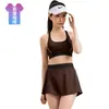 Popular Conjunto de Ropa de Yoga con Espalda Cruzada Rayada con Bloques de Color, Sujetador Deportivo Push-Up a Prueba de Impactos y Falda, Ropa de Fitness de Secado Rápido para Mujer