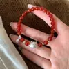 Pulsera de Plata de Ley S925 con Oso Lindo y Cascabel de Ágata Roja Natural Atmósfera Dulce de Año Nuevo Joyería Apilable