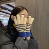 Guantes de terciopelo acolchados para invierno con pantalla táctil, rayas de contraste, estilo coreano INS, lindos para estudiantes, ciclismo, cálidos
