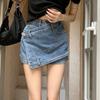 Saia jeans slim de cintura alta feminina, gordinha, plus size, spice girl, saia curta em linha A, saia falsa de duas peças, antirreflexo
