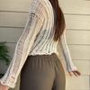 Blusa de malha com protetor solar verão europeu e americano feminino AliExpress gola redonda manga comprida oco elegante curto casual top para mulheres