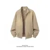 Chaqueta Harrington de Color Caqui con Cuello Alto y Cremallera para Hombre Otoño Retro Americano Tacto de Alta Gama Hombro Recto Cárdigan Corto Ropa de Abrigo
