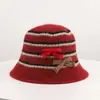 Sombrero de pescador coreano de otoño para mujer, fino, con bloques de color y rayas, de punto de alpaca, con cobertura facial, ligero y transpirable, con cordón y detalle de lazo