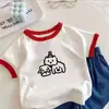 Camiseta de Algodón Puro de Manga Corta con Cuello Redondo y Bloques de Color, Nueva Moda de Verano para Niños y Niñas, Versátil, Estilo Coreano, Top Básico Tendencia