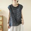 Blusa Sem Mangas de Algodão e Linho Estampada com Gola Franzida e Botões nas Costas, Verão 2026, Corte Solto, Top Retro Artístico Versátil para Mulheres