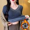 Top Cálido Forrado de Polar para Mujer en Invierno, Empalme de Encaje Engrosado con Almohadilla en el Pecho, Abrigo de Manga Larga para Otoño, Camiseta Base Ajustada