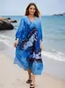 Ropa de Protección Solar con Estampado Digital Transfronterizo Europeo y Americano para Mujer, Holgada, Cuello en V, Cubre Traje de Baño para Playa, Ropa de Abrigo para Vacaciones en la Costa, Falda Larga