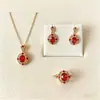 Collar Geométrico Rojo No Desvanecible de Acero de Titanio para Mujer, Joyería Versátil Simple de Lujo Ligero de Nicho de Gama Alta, Aretes y Anillos para Mujer