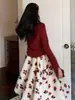 Traje de Vestido de Maternidad Otoño e Invierno Año Nuevo Cárdigan Rojo Estampado Tejido Moda Ropa de Invierno Ropa de Año Nuevo Conjunto de Dos Piezas