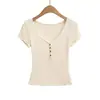 Camiseta de Manga Corta Acanalada Ajustada Estilo Coreano para Mujer, Nuevo Top Sexy Adelgazante con Botones y Escote en V Bajo para Verano 2026