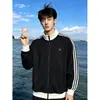 Chamarra deportiva para hombre con bloques de color de tres rayas y cuello alto, sudadera deportiva de moda para otoño con cierre, prenda exterior corta estilo americano para pareja