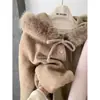 Abrigo versátil de invierno holgado, estilo coreano, dulce con lazos, cuello grande de pelo, chaqueta gruesa de algodón con capucha para mujer
