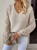 Malha de tricô europeia e americana transfronteiriça da Amazon para primavera e outono, vestuário feminino de comércio exterior, blusa de tricô elegante de cor sólida, com decote V e detalhes vazados, de manga longa