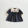Vestido de Menina Outono Novo Estilo Retrô Infantil Elegante Bordado Listrado Manga Longa Vestido de Princesa Vestido de Menininha