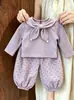 Conjunto dulce de otoño estilo coreano para niñas Ningli, top de manga larga a la moda con cuello de lazo para bebé, conjunto de dos piezas para niñas