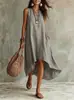 Vestido de Linho Casual de Verão com Gola Redonda Sem Mangas Solto de Comprimento Médio para Mulheres - Estação Independente da Amazon Europeia e Americana