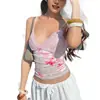 Camisola de encaje con cuello en V estilo europeo y americano para mujer, estampado de leopardo floral fruncida cintura corta que revela el abdomen, ajuste ceñido, top de tirantes interior para chica popular de Instagram