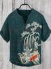 Camisa de Hombre de Comercio Exterior de Algodón Rústico Suelto Camiseta Estampada Personalizada Cuello en V Grande Estilo Étnico Perezoso Cuello Alto de Pie Camisa de Manga Corta
