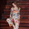[Jardín Bosque Blanco] Pijama de Seda Helada Estampado para Mujer Manga Larga Holgado Talla Grande Delgado Conjunto de Ropa para el Hogar Primavera y Otoño