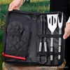 Juego de Herramientas para Barbacoa de Acero Inoxidable Personalizadas para Camping al Aire Libre, Juego de Cuatro Piezas con Bolsa de Tela Portátil Anti-quemaduras