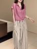 24280 Da Ai Mei Yi Yuan 2026 Verano Nuevo Estilo Camisa Atmosférica con Solapa Pantalones Casuales Sueltos de Pierna Ancha Ropa para Mujer