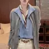 Cardigan de Tricô Falso Duas Peças Color-Block Estilo Old Money para Mulheres, Nova Coleção de Outono, Gola Reversível Cinza, Top Casual Soltinho