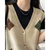 Chaleco de Punto con Cuello en V de Color Contrastante y Cuadros de Diamantes Estilo Retro Coreano Otoño/Invierno 2026 Ropa de Abrigo Chaleco Cárdigan de Punto Mujer