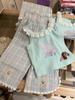 Traje de Niña 2024 Verano Nuevo Llegada Estilo Coreano Infantil Estampado de Dibujos Animados Cuello de Flor 3D Camisola Pantalones de Raya Prellet