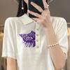 Camisa de punto de manga corta con cuello tipo polo para mujer, blusa holgada de media manga con bordado de gato, chaleco informal, novedad de primavera y verano
