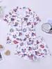 Estilo Europeo y Americano Elementos Americanos Estampados Pijama de Manga Corta Cardigan con Solapa Pijama para Mujer Verano Delgado Ropa de Casa Pijama Europeo y Americano