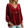 Otoño 2026 Comercio Exterior Europeo y Americano Transfronterizo Nueva Ropa de Mujer Cuello en V Encaje Terciopelo Casual Holgada Manga Larga Blusa Camisa
