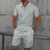 Conjunto Casual Masculino de Verão Amazon Transfronteiriço Novo Gola Reversível Manga Curta Camiseta Lisa e Shorts com Zíper e Padronagem Waffle
