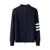 Otoño e Invierno Nuevo Cárdigan de Punto para Hombre de Cuello Alto Medio con Doble Cremallera Tejido de Punto con Puntadas Rayadas Estilo Perezoso Americano Ropa para Hombre