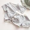Vestido de verão infantil estilo coreano, novo terno elegante, listrado, manga curta, casual, conjunto de duas peças para meninos e meninas