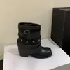 Botas femininas únicas estilo retrô com fivela de tachas, botas de salto grosso para tornozelo, botas de motociclista, botas western cowboy de verão para mulheres