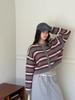 En Stock Otoño 2026 Nuevo Coreano Dongdaemun Holgado Vintage Versátil Cuello Redondo Bloque de Color Rayas Cardigan de Punto