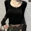 Camiseta sexy y seductora de manga larga con cuello en U y corte ajustado para mujer, adelgazante, hombro normal, estilo corto, camiseta básica para otoño e invierno, top de moda para mujer