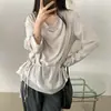 Camisa de Estilo Perezoso con Cuello Drapeado de Encaje y Cordones en la Cintura, Estilo Francés, para Mujer, de Dongdaemun, Corea del Sur