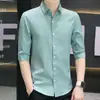 Camisa de Manga Corta Ligera para Hombre de Negocios Verano Seda de Hielo Delgada Manga de Cinco Puntas Camisa Moderna Cuello de Solapa Cardigan Elástico Ropa Exterior