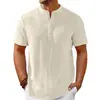 Amazon Wish Transfronterizo Nueva Camisa Henley Rayada de Algodón y Lino Retro para Hombre Camisa Casual Holgada Venta al por Mayor