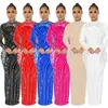 C6266 Aliexpress Amazon Moda Europea y Americana Ropa para Mujer Malla Transparente Pedrería Manga Larga Vestido Largo con Forro Conjunto de Dos Piezas