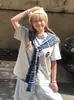Blusa Camiseta Manga Curta com Capuz e Cachecol Feminina Verão Retrô Americano Design de Retalhos Xadrez Camiseta Falsa de Duas Peças Casal